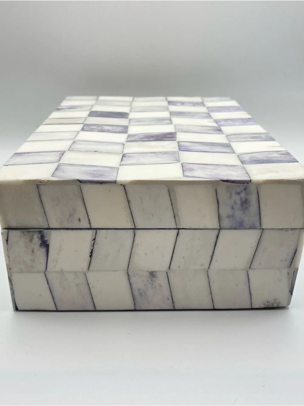 IMAX Corp Bone Inlay Decorative Box Purple Ivory Checkered Mosaic Keepsake Boho